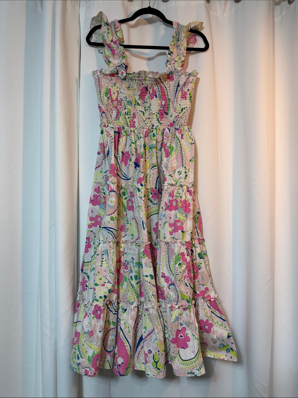 Floral Cottagecore Feminine Pink Paisley Smocked Cotton Midi Dress SZ M B9